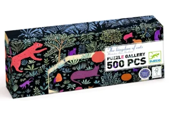 Puzzle tradycyjne 500 elementów z kolorowymi ilustracjami kotów i roślin na ciemnym tle. Djeco Puzzle gallery KRÓLESTWO KOTÓW 500 elem