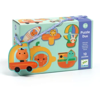 Puzzle progresywne pojazdy z drewnianymi elementami dla dzieci powyżej 2 lat. Djeco Puzzle duo POJAZDY