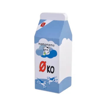 Kartonowe opakowanie z mlekiem zabawkowe dla dzieci z nadrukiem krowy i napisem oko. MamaMemo PlayFood: Mleko
