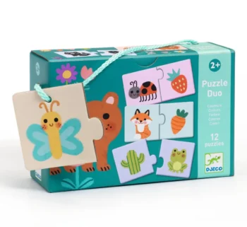 Puzzle progresywne z obrazkami zwierząt i owoców dla dzieci powyżej 2 lat. Djeco Puzzle duo KOLORY