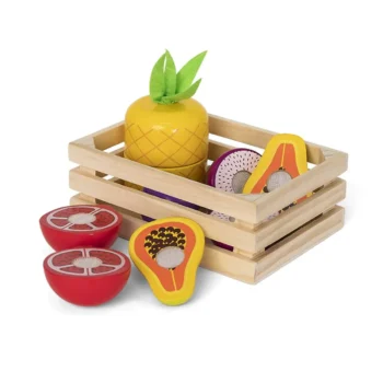 Drewniana skrzynka z zabawkowymi owocami papaja ananas pomarańczowa dla dziecka. MamaMemo Skrzynka z owocami