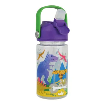 Butelka dziecięca z tworzywa tritan z zielonym uchwytem i fioletową zakrętką z motywem dinozaurów. Floss&Rock Dinozaury Butelka Tritan 450 ml