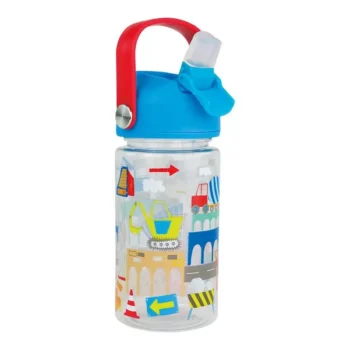 Butelka Tritan 450 ml przezroczysta z kolorową grafiką budowy i czerwonym uchwytem dla dziecka. Floss&Rock Na Budowie Butelka Tritan 450 ml