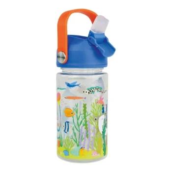 Butelka Tritan 450 ml z kolorowym nadrukiem podwodnego świata z niebieską zakrętką i pomarańczowym uchwytem dla dziecka. Floss&Rock Podwodny Świat Butelka Tritan 450 ml
