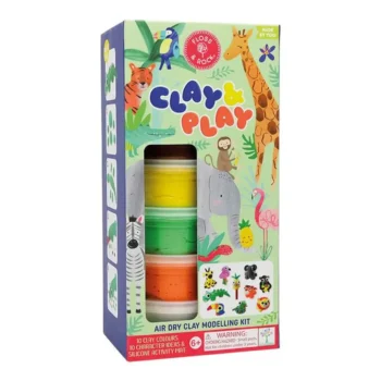 Zestaw masy plastycznej w kolorach żółtym zielonym i pomarańczowym z motywem dżungli dla dzieci powyżej 6 lat. Floss&Rock Dżungla Clay & Play