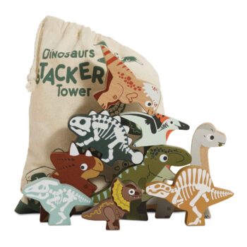 Drewniane kolorowe figurki dinozaurów z elementami szkieletu dla dzieci z workiem do przechowywania. Le Toy Van Drewniane figurki dinozaury układanka dzieci
