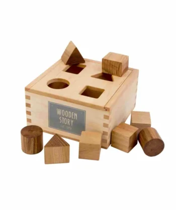 Drewniany sorter kształtów naturalny kolor z klockami do dopasowywania dla dziecka. Wooden Story Drewniany Box do Sortowania Kształtów – Naturalny
