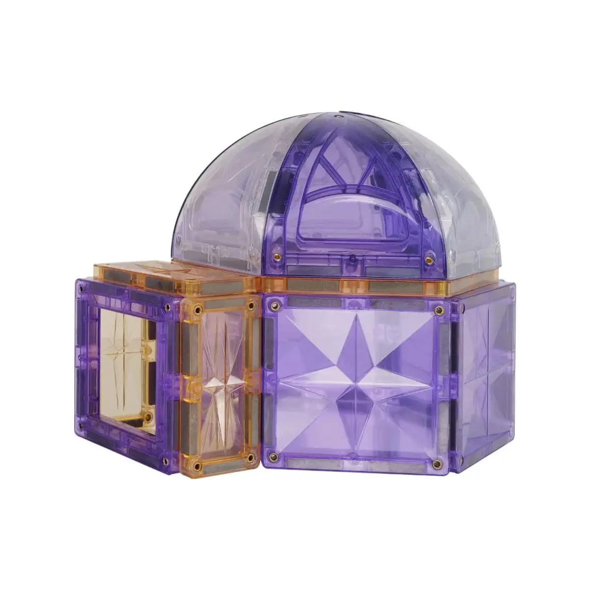 Przezroczyste fioletowe i pomarańczowe magnetyczne klocki z zaokrąglonymi i kwadratowymi elementami dla dzieci. Cleverclixx Klocki magnetyczne Small Curved Pack Pastel 34 el
