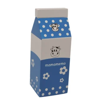 Drewniany niebieski karton mleka z nadrukiem krowy i kwiatów zabawka dla dziecka. MamaMemo Playfood: mleko niebieskie