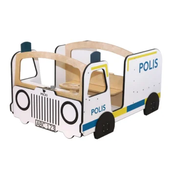 Drewniane łóżko dziecięce w kształcie radiowozu policyjnego biało niebieskie z miejscem do spania dla dziecka. MICKI Drewniany radiowóz meble wyposażenie auto policja