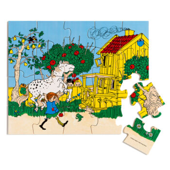 Drewniane puzzle z postacią dziewczynki, koniem i żółtym domkiem 20 elementów dla dzieci. Pippi Drewniane puzzle Langstrumpf 20 szt