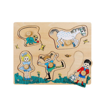 Drewniana układanka puzzle z uchwytami postacie i koń dla dzieci. Pippi Drewniana układanka puzzle z uchwytami Langstrumpf sorter kształtów