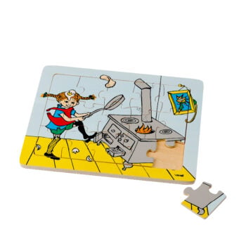Drewniane puzzle z postacią dziewczynki i piecem na tle żółtej podłogi 15 elementów dla dzieci. Pippi Drewniane puzzle Langstrumpf 15 szt