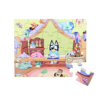 Drewniane puzzle 20 elementów z postacią psa i kolorowym wnętrzem pokoju dla dzieci. Bluey Drewniane puzzle 20 elementów układanka