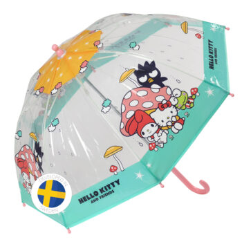 Dziecięca przezroczysta parasolka z różowym uchwytem z motywem Hello Kitty i przyjaciół na turkusowym brzegu. MICKI Parasolka dziecięca Hello Kitty i przyjaciele akcesoria wyprawka