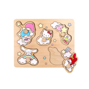 Drewniana układanka puzzle z uchwytami z postaciami Hello Kitty i przyjaciół sorter kształtów dla dzieci. MICKI Drewniana układanka puzzle z uchwytami Hello Kitty sorter kształtów