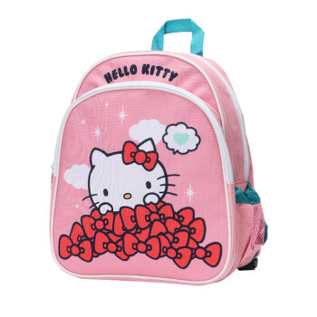 Różowy plecak dla przedszkolaka z motywem Hello Kitty i czerwonymi kokardkami. MICKI Plecak Hello Kitty akcesoria dla przedszkolaka wyprawka