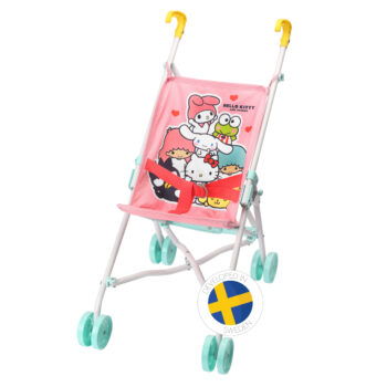 Różowy wózek spacerówka dla lalek z nadrukiem postaci Hello Kitty i przyjaciół zielone koła żółte rączki dla dzieci. MICKI Wózek dla lalek Hello Kitty i przyjaciele spacerówka lalki