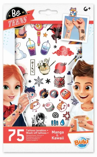 Zestaw 75 sztuk tymczasowych tatuaży manga kawaii dla nastolatków z kolorowymi wzorami postaci i symboli japońskich. Buki Tatuaże MANGA KAWAI 75 sztuk
