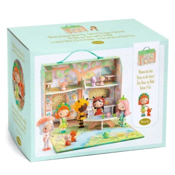 Drewniany domek dla lalek w formie walizki z postaciami i zwierzętami w kolorach pastelowych dla dzieci. Djeco Domek walizka Sylvia & Fox