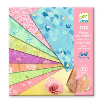 Zestaw 100 kolorowych kartek do origami z wzorami kwiatów i ptaków dla dzieci w wieku 5-8 lat. Djeco Ozdobne kartki do origami 100 szt. HARU