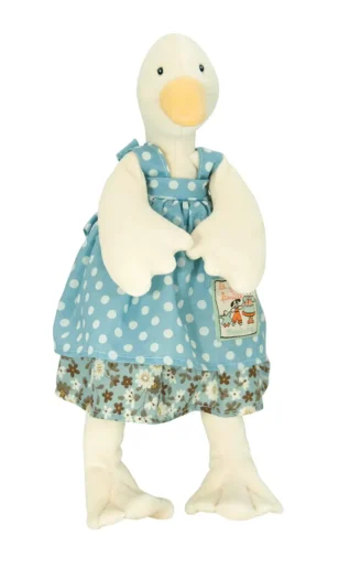 Pluszowa maskotka kaczka w niebieskiej sukience w białe kropki i kwiaty dla dziecka. Moulin Roty Maskotka kaczka Jeanne 30cm
