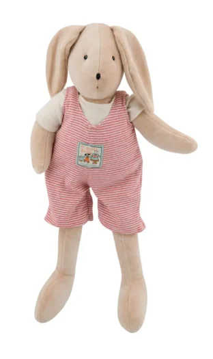 Pluszowy królik beżowy w różowe paski ubranko dla dziecka. Moulin Roty Pluszowy królik Sylvain 50cm