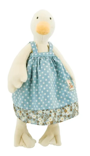 Pluszowa kaczka w niebieskiej sukience w białe kropki dla dziecka. Moulin Roty Pluszowa kaczka Jeanne 50cm