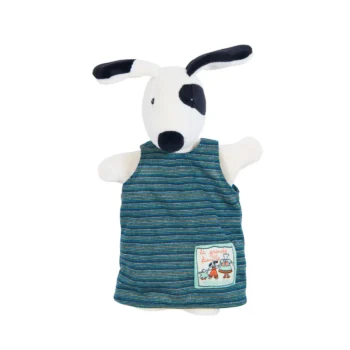 Pacynka piesek w niebieskiej pasiastiej sukience dla dziecka. Moulin Roty Pacynka Julius 25cm