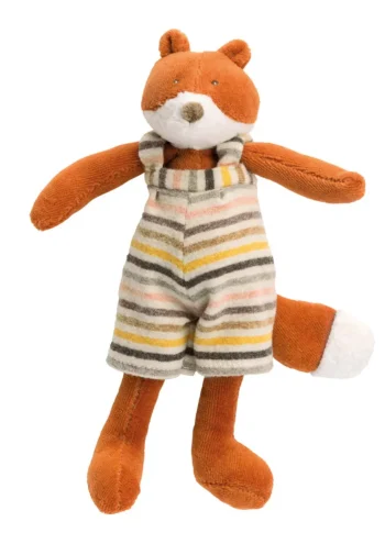 Materiałowa maskotka lisek w pomarańczowym kolorze w pasiasty kombinezon dla dziecka. Moulin Roty Materiałowa maskotka lisek Gaspard 20 cm