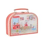 Ceramiczny zestaw do herbaty w walizce z ilustracją zwierząt przy stole dla dzieci. Moulin Roty Zestaw ceramiczny herbata w walizce 20×14