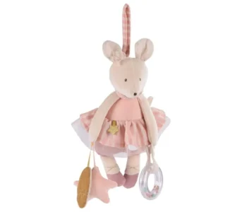 Zawieszka interaktywna myszka różowa z materiału dla niemowlaka. Moulin Roty Zawieszka interaktywna MYSZKA 34 cm