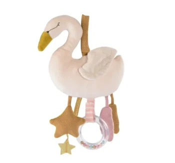 Pluszowa zawieszka łabędź w jasnoróżowym kolorze z elementami do zabawy dla niemowlaka. Moulin Roty Zawieszka interaktywna ŁABĘDŹ 32 cm