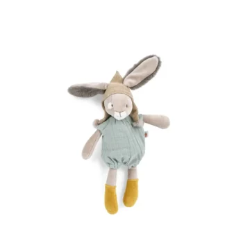 Pluszowy króliczek w zielonym ubranku i żółtych bucikach dla dziecka. Moulin Roty Maskotka króliczek w czapce zielony