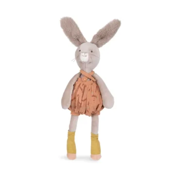 Pluszowy królik w rudych ogrodniczkach z żółtymi skarpetkami dla dziecka. Moulin Roty Królik w ogrodniczkach rudy H40