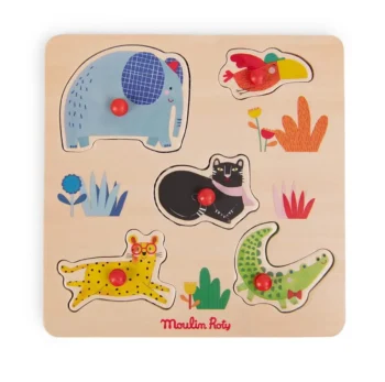 Drewniane puzzle zwierzątka z uchwytami słoń tygrys aligator czarna pantera tukana dla dziecka. Moulin Roty Puzzle zwierzątka LES TOUPITIS