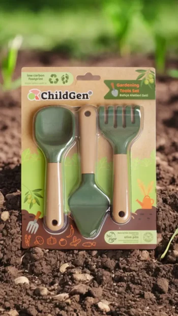 Zestaw dziecięcych narzędzi ogrodowych grabki szpadel łopatka zielono beżowe bio plastik dla małego odkrywcy. ChildGen Zestaw zabawkowych narzędzi ogrodowych do ćwiczenia motoryki małej grabki szpadel łopatka bio plastik