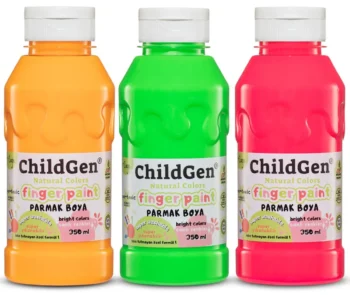 Zestaw trzech butelek farb do malowania palcami neonowe pomarańczowa zielona różowa po 350 ml dla dzieci. ChildGen Łatwo zmywalne farby do malowania palcami NEONOWE POMARAŃCZOWA ZIELONA RÓŻOWA 3x 350ml w butelce