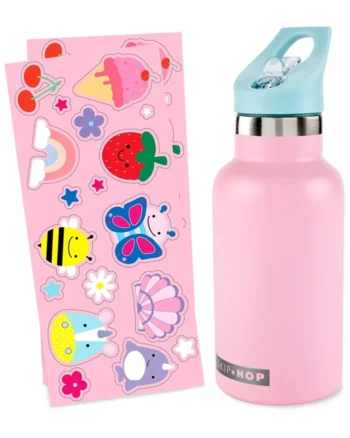 Różowa butelka termiczna z niebieskim ustnikiem i kolorowymi naklejkami dla dziecka. Skip Hop Butelka Termiczna z Ustnikiem i Naklejkami 380 ml Pink