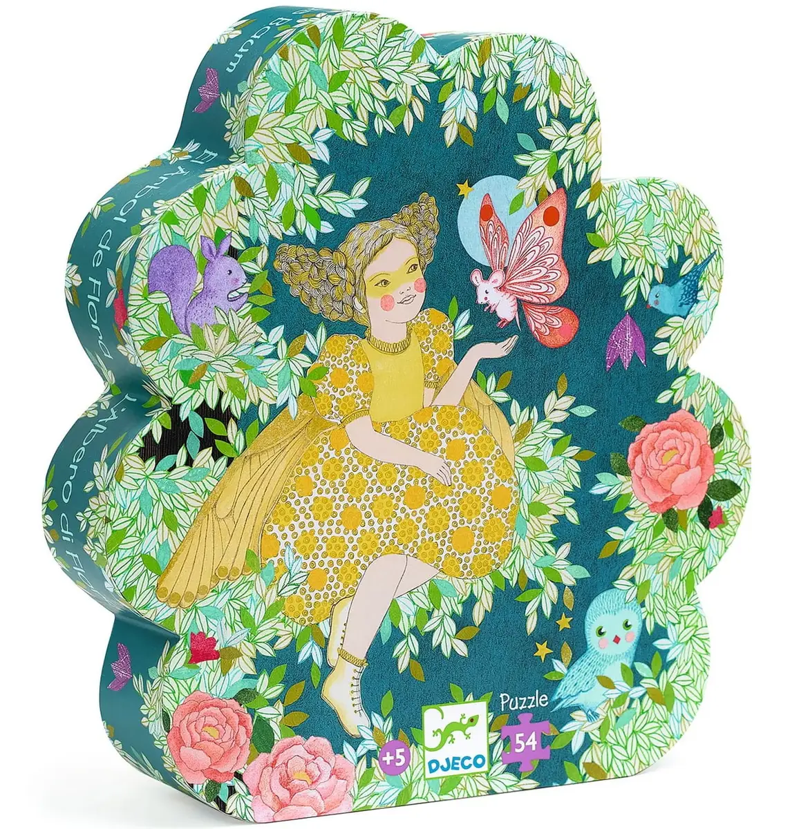 Puzzle tekturowe w kształcie kwiatu z ilustracją dziewczynki w żółtej sukience otoczonej liśćmi i zwierzętami dla dzieci powyżej 5 lat. Djeco Puzzle tekturowe KWIATOWE DRZEWO 54-elem