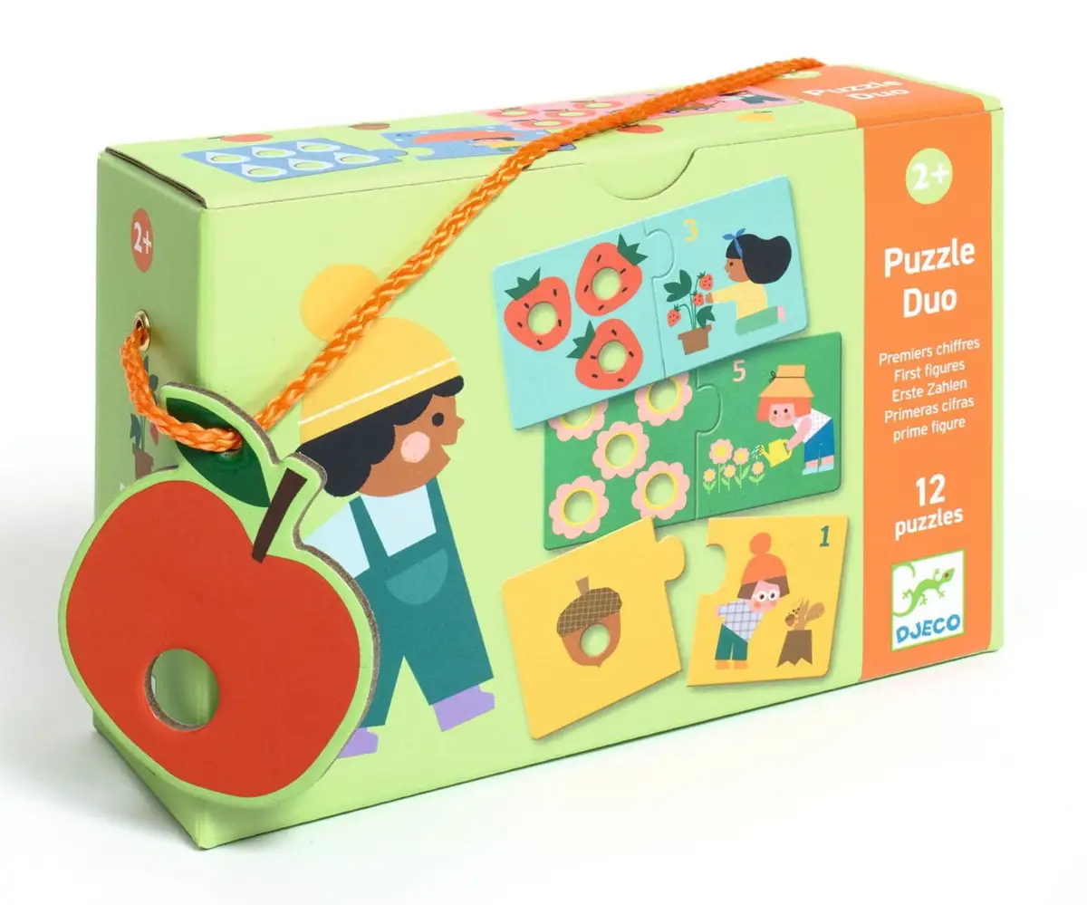 Pudełko z puzzlami edukacyjnymi do łączenia liczb z kolorowymi ilustracjami dla dzieci powyżej 2 lat. Djeco Puzzle duo łączenie liczb