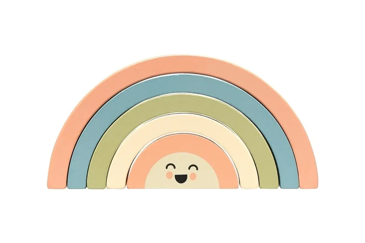 Drewniana układanka tęcza w pastelowych kolorach z uśmiechniętą buźką dla dziecka. Pearhead Układanka Drewniana Rainbow