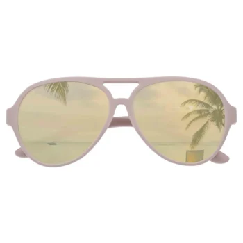 Różowe okulary przeciwsłoneczne typu aviator z lustrzanymi szkłami odbijającymi palmę i plażę. Dooky Okulary przeciwsłoneczne Jamaica Air PINK SO