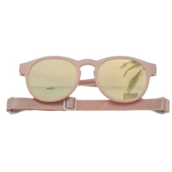 Różowe okulary przeciwsłoneczne dla dziecka z regulowanym paskiem i żółtymi szkłami odbijającymi palmę. Dooky Okulary przeciwsłoneczne Hawaii PINK 6-36 m