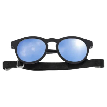 Czarne okulary przeciwsłoneczne dla dziecka z niebieskimi lustrzanymi szkłami i regulowanym paskiem. Dooky Okulary przeciwsłoneczne Hawaii BLACK 6-36 m