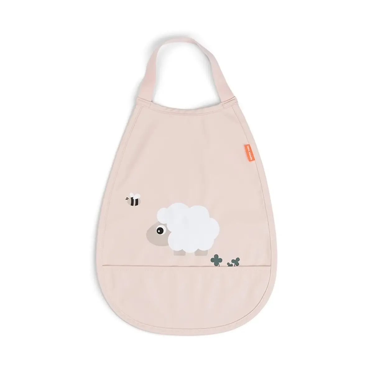 Beżowy materiałowy śliniak z kieszonką z nadrukiem owcy i pszczółki dla dziecka. Done by Deer Śliniak z Kieszonką Pull-over Tiny Farm Powder