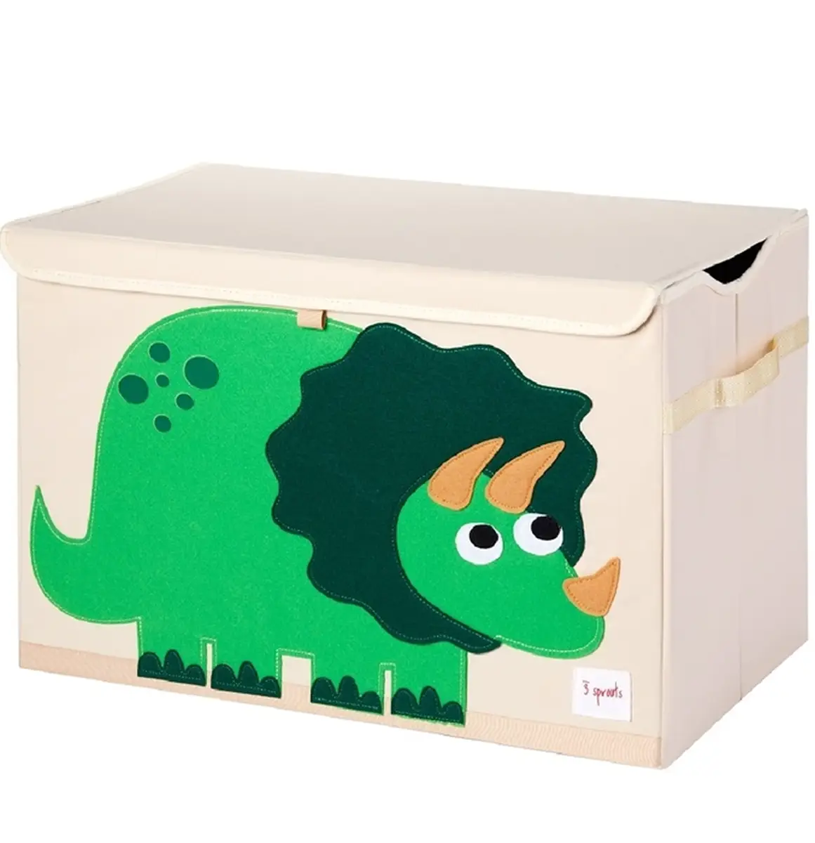 Beżowe pudełko na zabawki z zielonym dinozaurem dla dziecka. 3 Sprouts Pudełko Zamykane Dinozaur Green