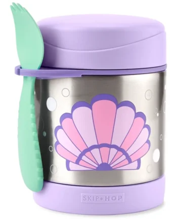 Termos dla dziecka z motywem muszelki fioletowy z zielonym sztućcem. Skip Hop Termos dla Dziecka Muszelka 325ml Spark Style