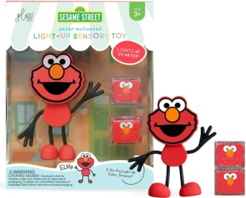Czerwona figurka Elmo do kąpieli z dwoma świecącymi kostkami sensorycznymi dla dzieci powyżej 3 lat. Glo Pals Postać do kąpieli Elmo zestaw z dwiema kostkami sensorycznymi świecącymi w wodzie