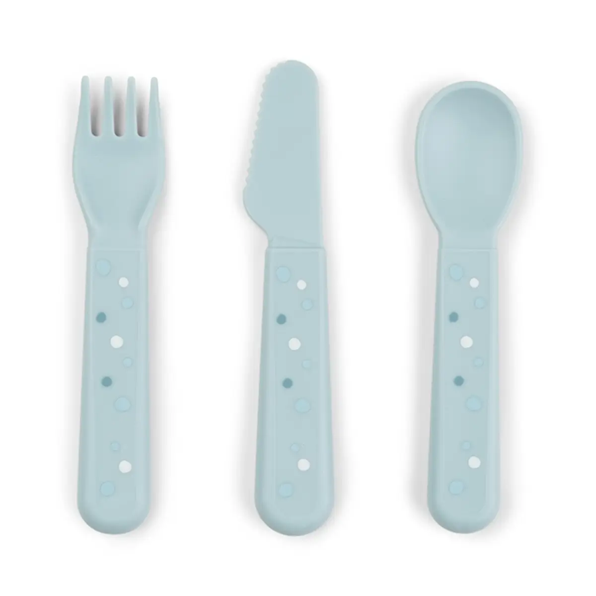 Niebieskie sztućce dla dziecka widelec nóż łyżka z wzorem kropek. Done by Deer Sztućce dla Dziecka Foodie Happy Dots Blue
